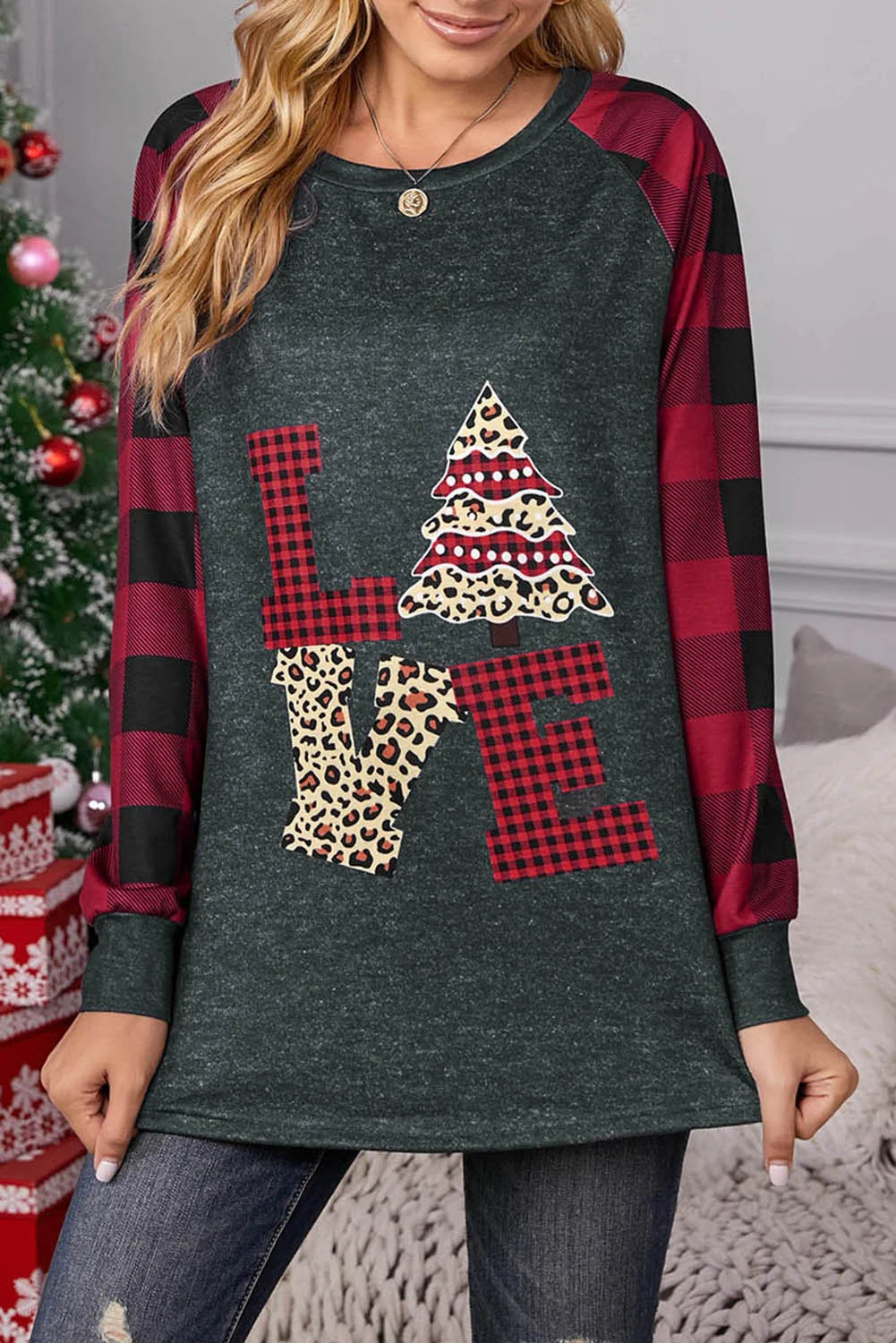 Red  Plaid Christmas Print Long Sleeve Top | IFYHOME