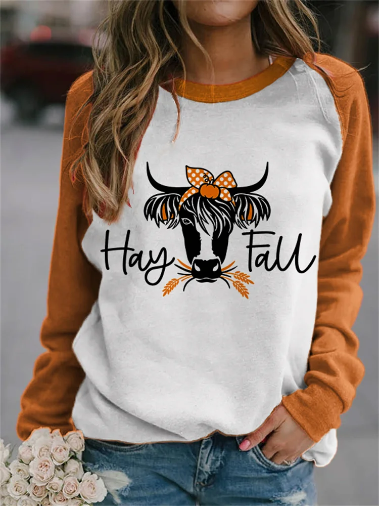 Vefave Hay Fall Cow Print Contrast Color Sweatshirt