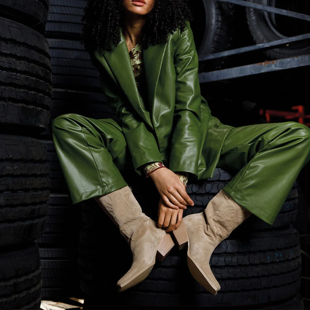 Khaki Snip Toe Chunky Heel Embroidered Mid Calf Cowgirl Boots