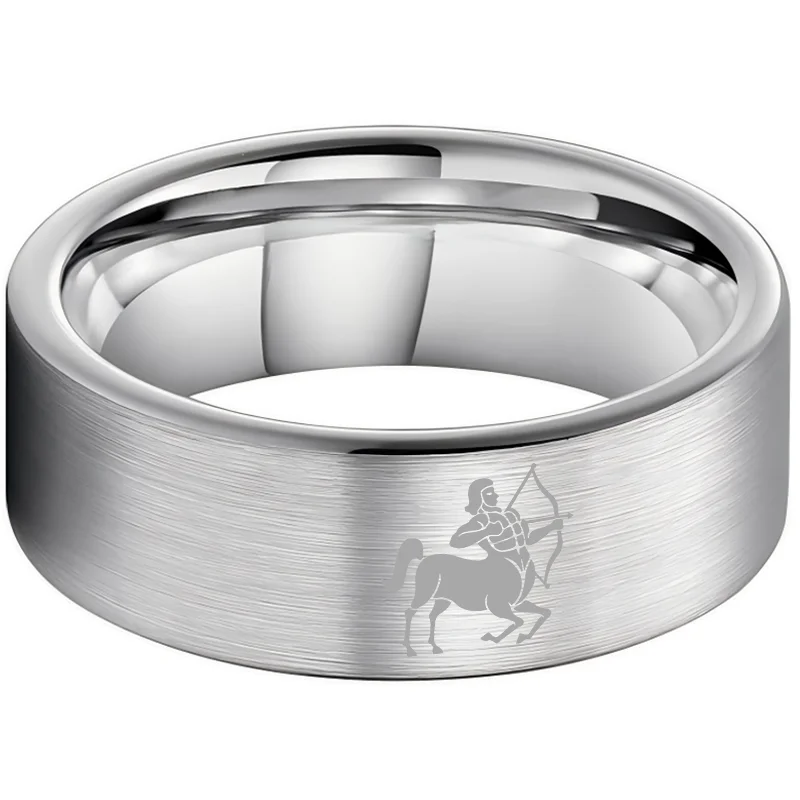 Sliver Tungsten Carbide Rings Flat Sagittarius Wedding Band Flat Top Comfort Fit 4MM 6MM 8MM