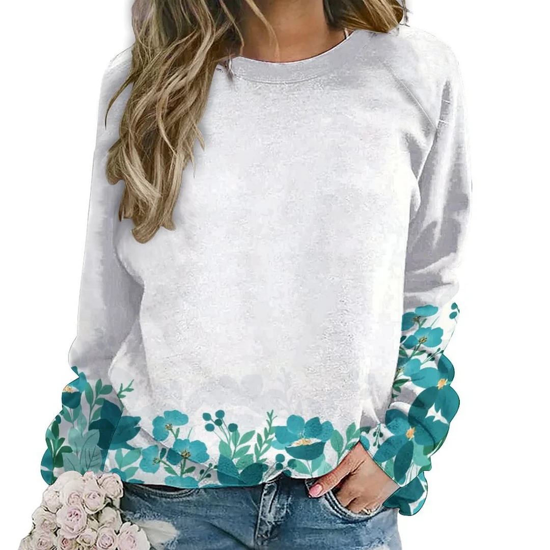 Printed Long Sleeve Casual Sweatshirt for  Women and Men Unisex Pattern Turquoise, Floral, Green
