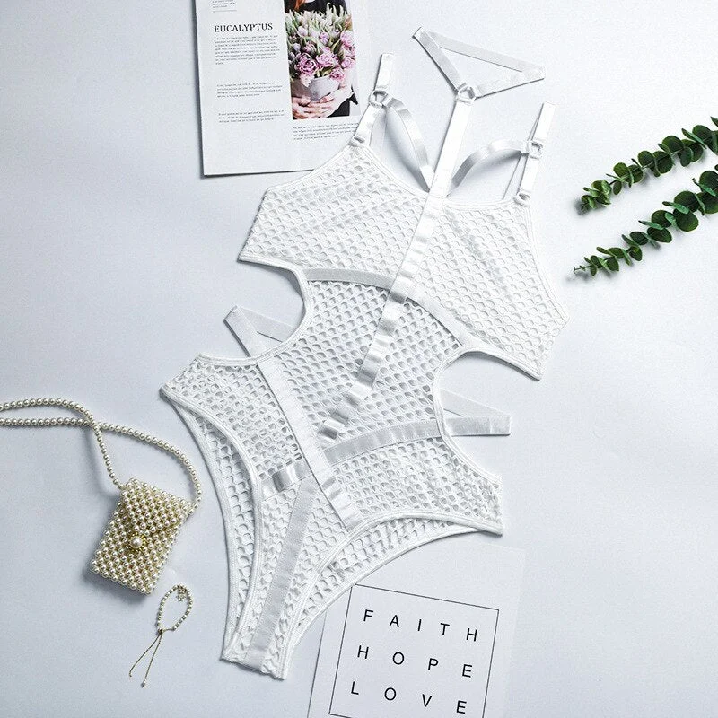 MIRABELLE Bodysuit Women Mesh Bodys Lace Exotic Costumes Halter Erotic Lingerie See Through Sexy Hollow Out Porno Overalls