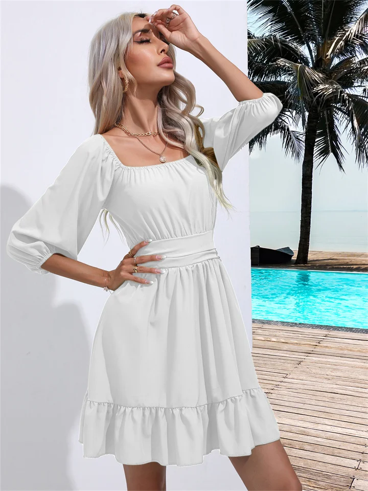 Literary Retro Red Coffee Square Neck Waist Dress