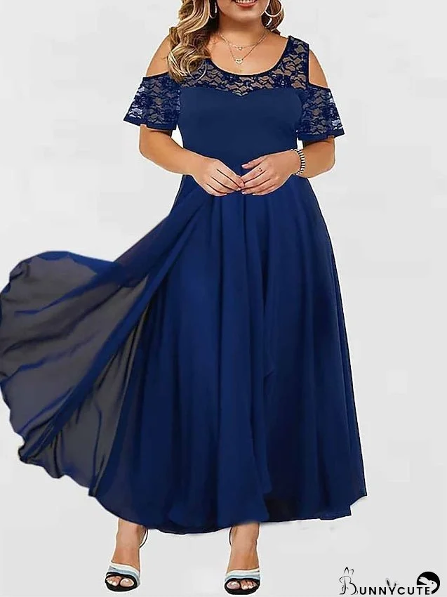 Plus Size Party Dress Apple Shape Dress Lace Dress Chiffon Dress Solid Color Long Dress Maxi Dress Half Sleeve Lace Patchwork U Neck Elegant Fashion Party Navy Blue Summer Spring Dress for Women