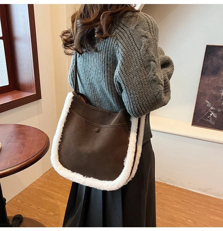 Women’s Medium Suede Solid Color Streetwear Square Magnetic Buckle Tote Bag