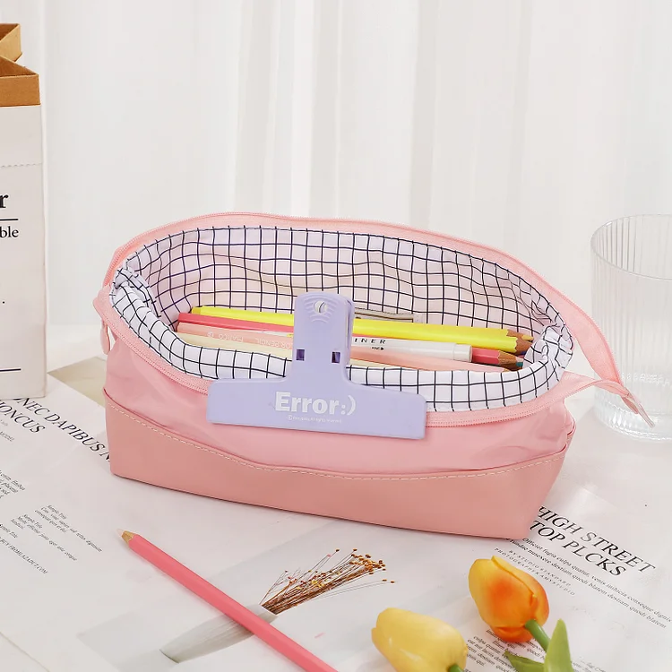 JOURNALSAY Large Capacity Soft Cuffed PU Stitching Canvas Pencil Cases Portable