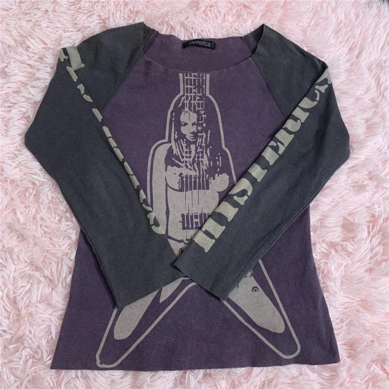 Xingqing Autumn Winter Graphic Pattern Long Sleeve Top Print Fairy Core Grunge Women Casual Vintage Fashion T Shirt Y2K Clothing