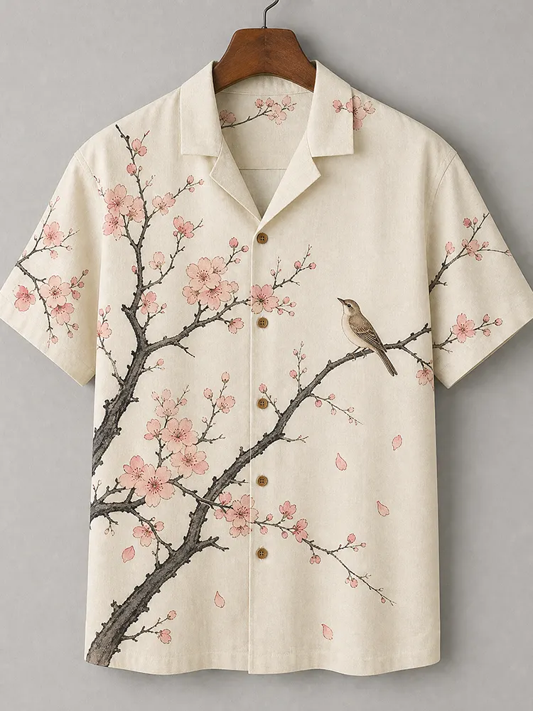 Men's Off-white Cherry Blossom And Little Bird Print Short Sleeve Shirt  artssus