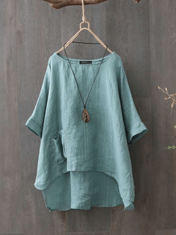 Women's Cotton and Linen Round Neck Pocket Solid Color Irregular T-Shirt
