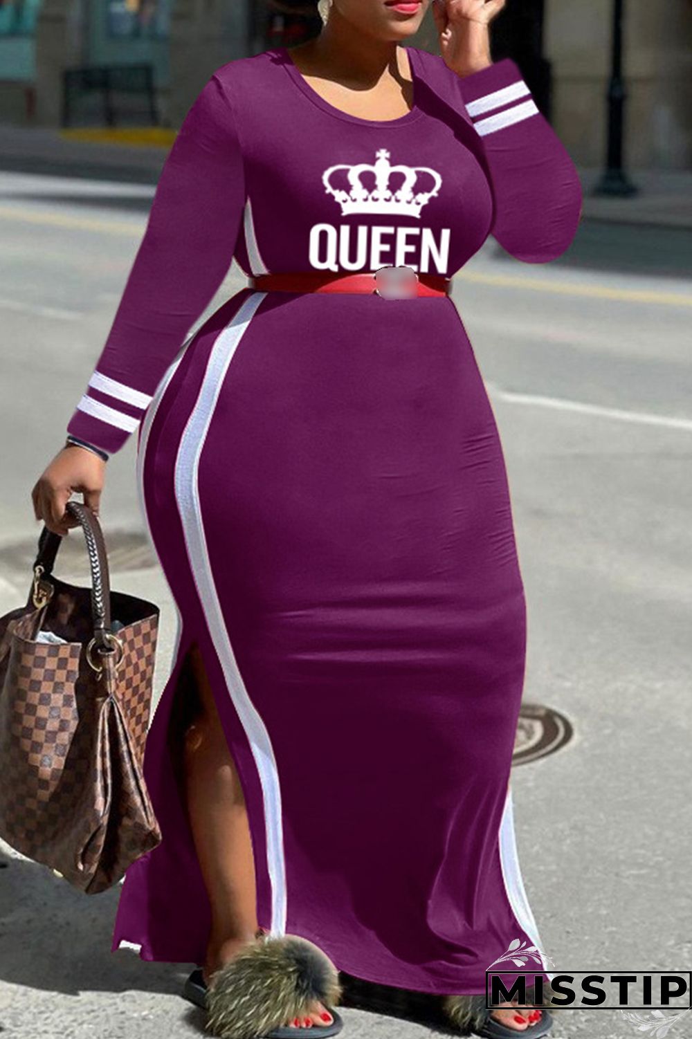 Gray Blue Fashion Casual Letter Print Patchwork O Neck Plus Size Dresses (Without Belt)