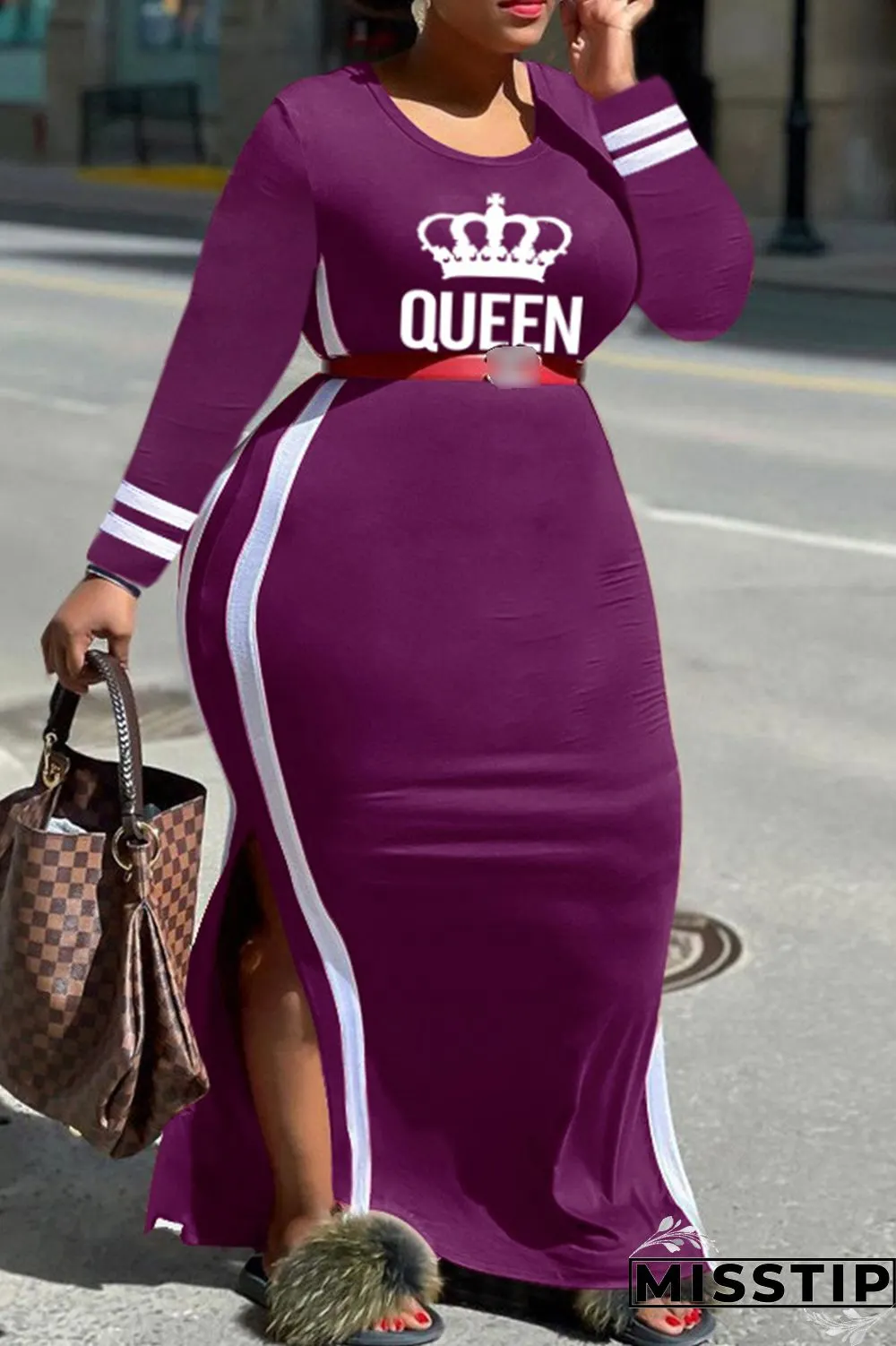 Gray Blue Fashion Casual Letter Print Patchwork O Neck Plus Size Dresses (Without Belt)