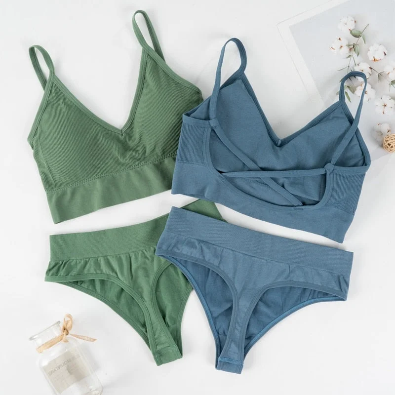 Women Bra Panties Set Sexy G-String Push Up Bra Crop Top Seamless Underwear Active Bra Thongs Female Top Lingerie Set