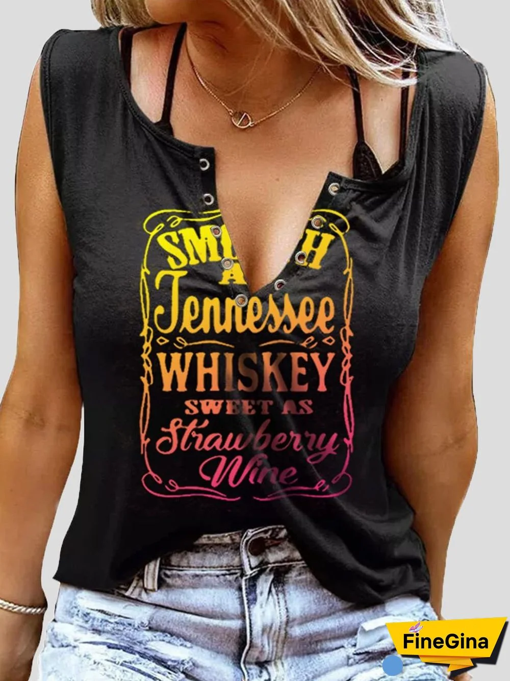 Women'S Tank Tops Letter Print V-Neck Button Sleeveless Tank Top