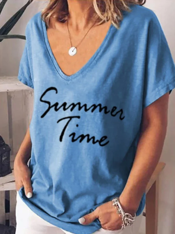 V-Neck Letter Print Comfortable Loose Ladies Short Sleeves