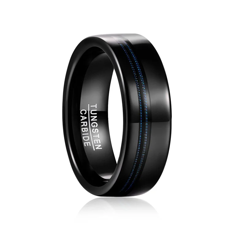 8MM Black Flat Tungsten Carbide Rings with Blue Guitar Strings Inlay Wedding Bands For Men