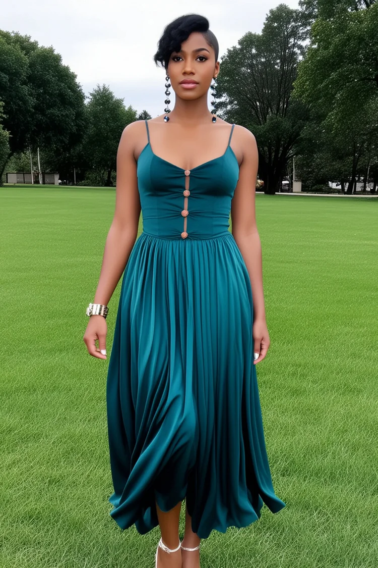 Button Decor Pleated Hem Party Maxi Slip Dresses-Green [Pre Order]