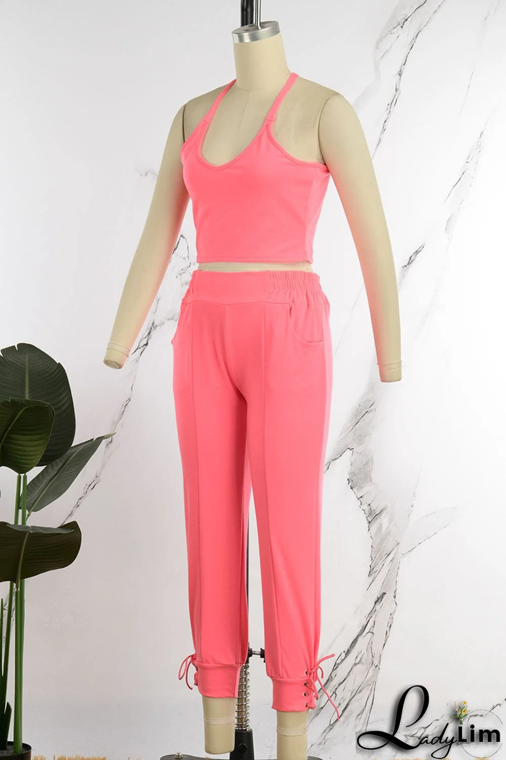 Yellow Casual Sportswear Simplicity Solid Bandage Vests Spaghetti Strap Sleeveless Two Pieces