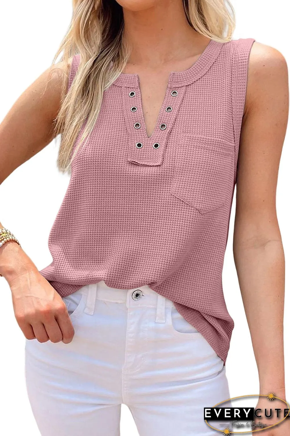 Pink Notched Neck Eyelet Thermal Knit Tank