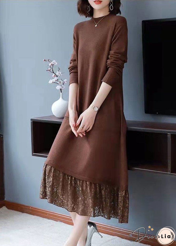 Simple Brown Pockets Lace Patchwork Knit Dresses Fall