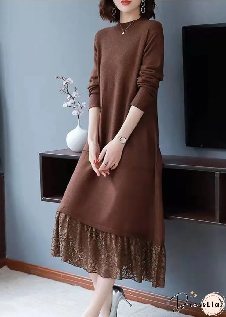 Simple Brown Pockets Lace Patchwork Knit Dresses Fall