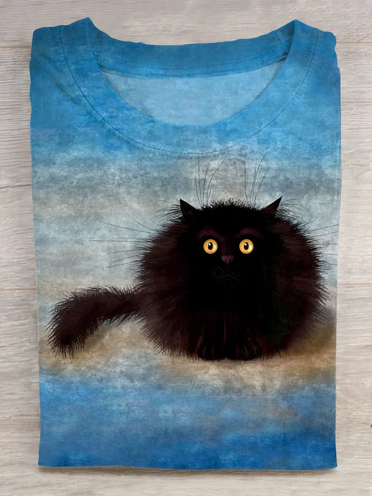 Cute Black Cat Lover Print T-shirt