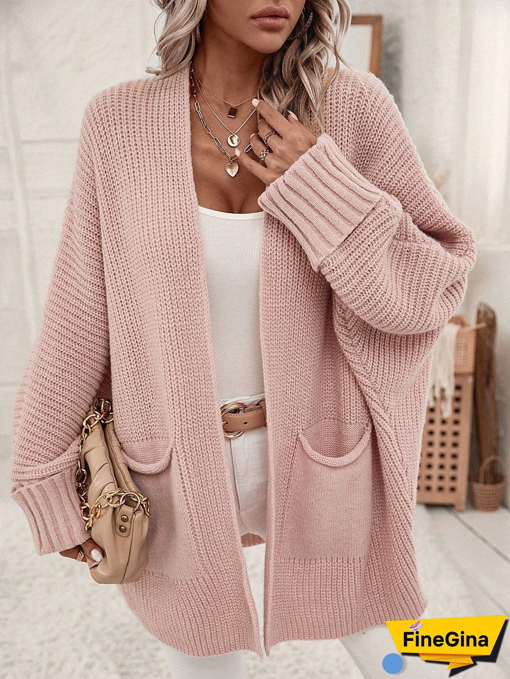 Pink Plain Side Pocket Cardigan