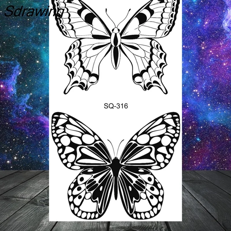 Sdrawing Butterfly Anchor Lion Wolf Temporary Tattoos For Women Men Skeleton Whale Elephant Fake Tattoo Neck Arm Hands Small Tatoo