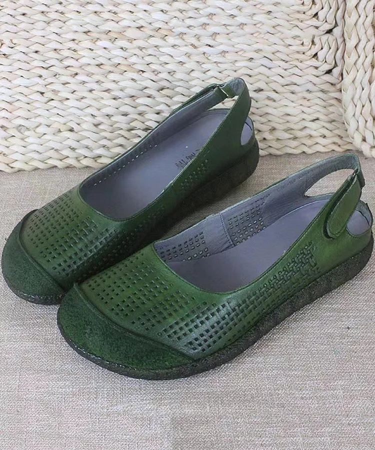 Comfy Green Flat Sandals Handmade Cowhide Leather Hollow Out