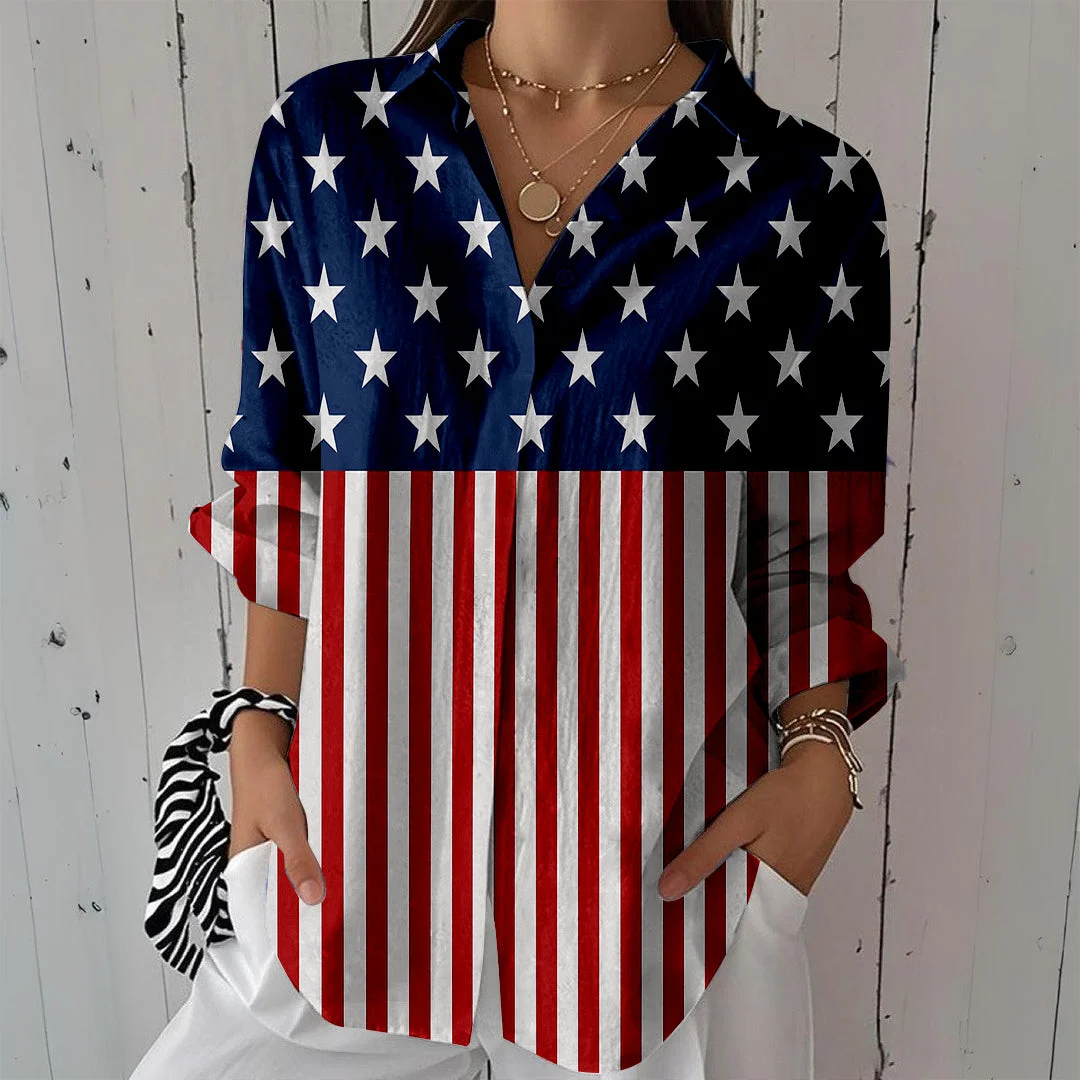 Style & Comfort for Mature Women Women  Independence Day, Star, Striped, Blue, Red DZCL0248 3/4 Sleeve Shirt Collar Printed Button Tops