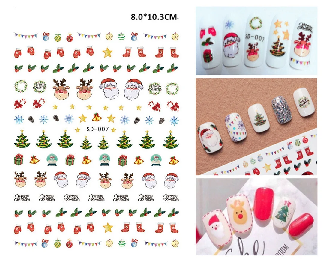 Merry Christmas 3D Nails Sticker Winter Cute Cartoon Sliders Snowflake Elk Xmas Tree Decal UV Gel Polisn Manicures Foils Decor-Nail Inspo