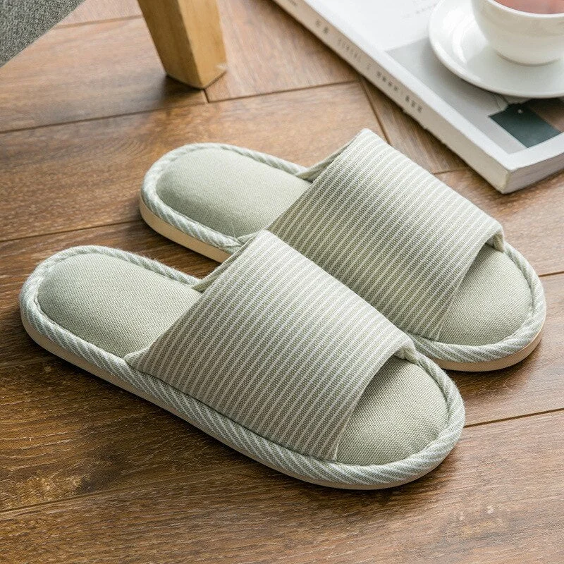 Linen Indoor Slippers Four Seasons Striped Cotton Slippers Couples Absorbing Sweat Soft Bottom Home Wood Floor Sandals Chinelos