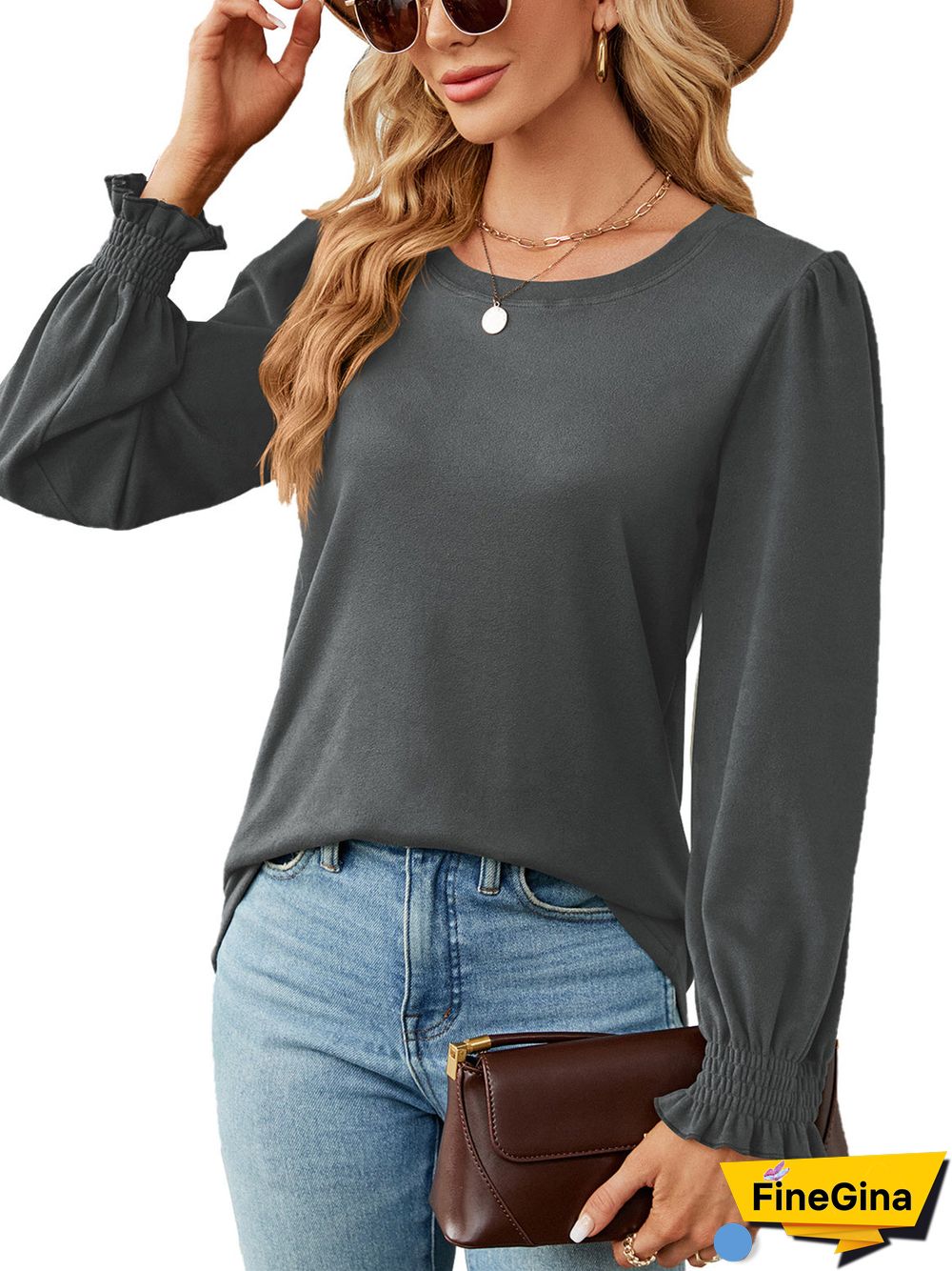 Women's Stitching Scoop Neck Long Sleeved Top