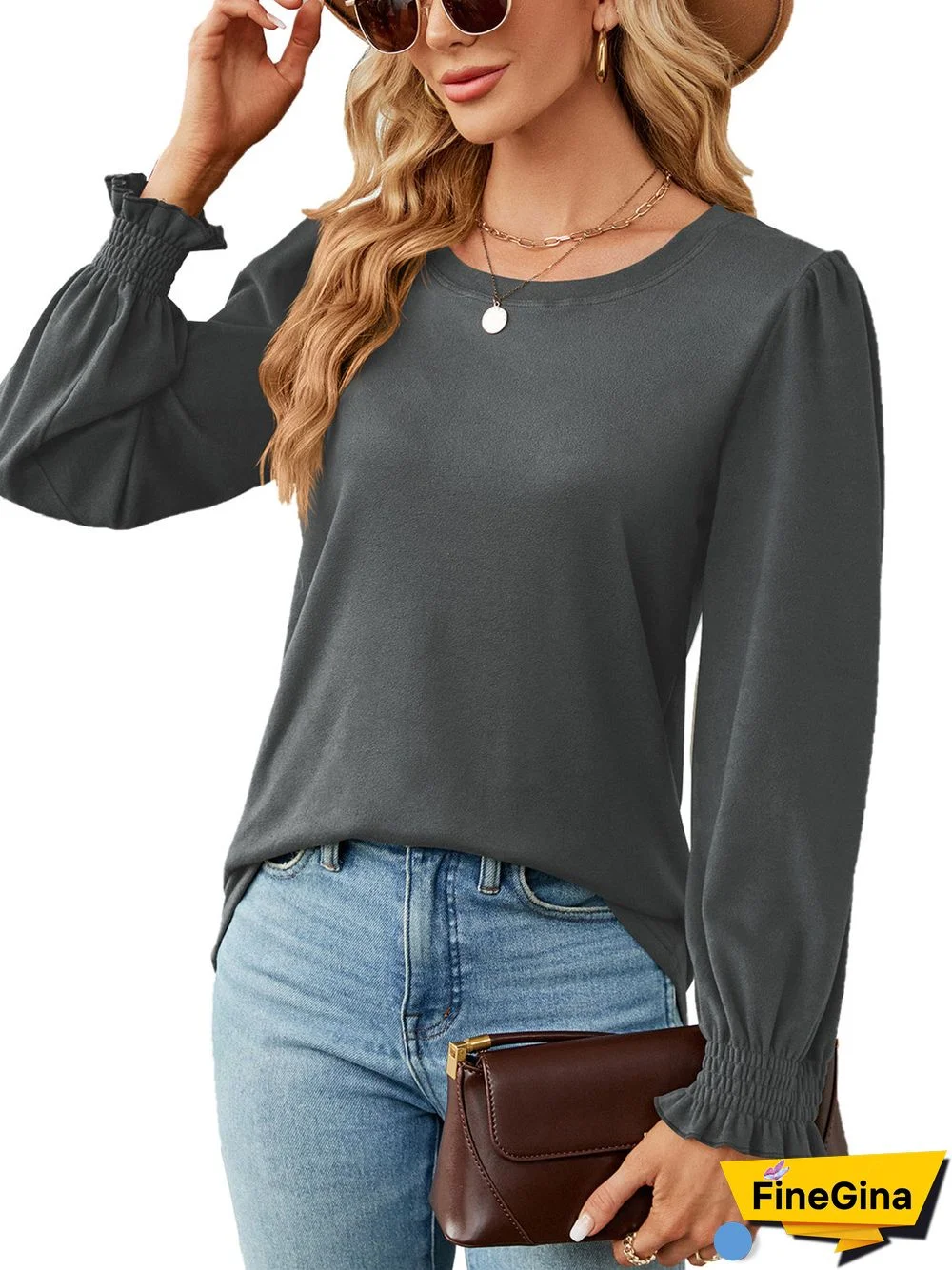 Women's Stitching Scoop Neck Long Sleeved Top