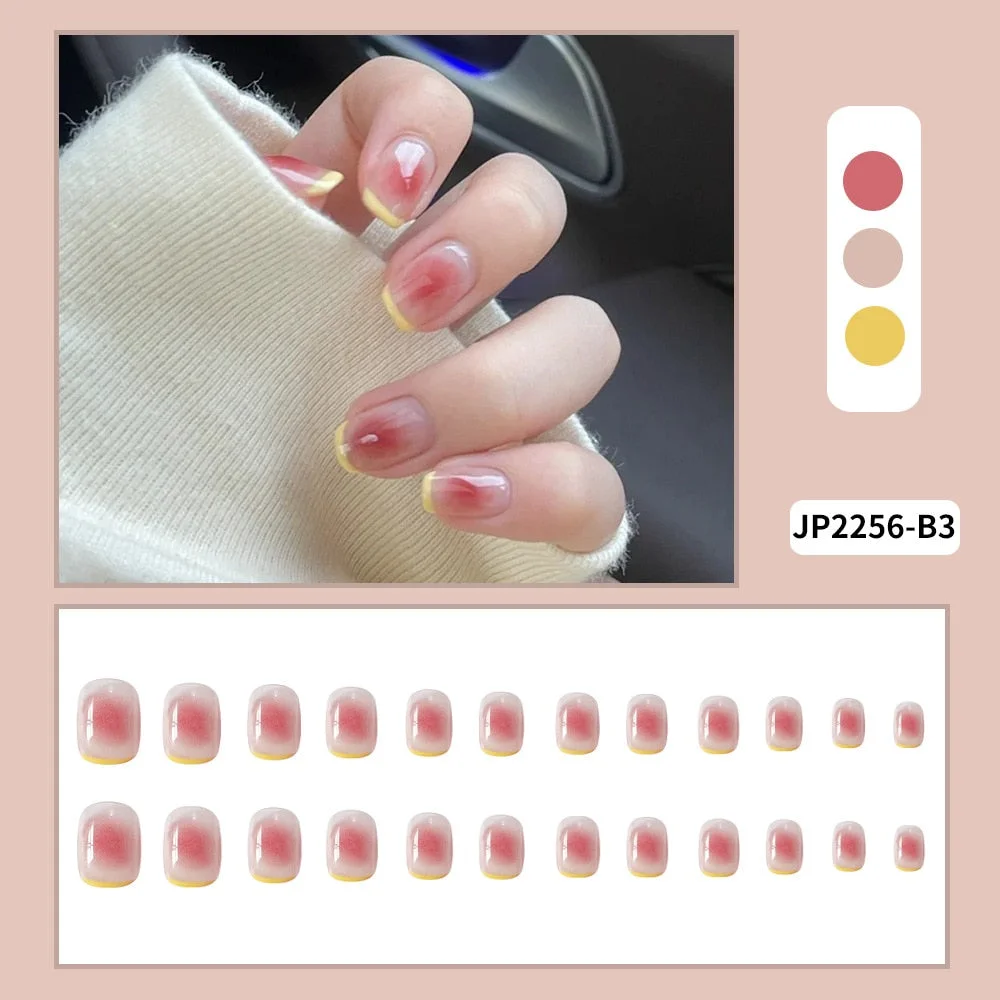 24PCS Nude Color Fake Nails With Black Grids Press On False Detachable Full Cover Artificial Tips Nail Art DIY Manicure No Glue-Nail Inspo