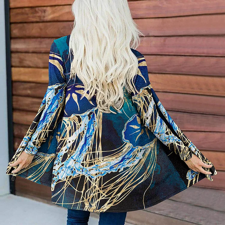 Vefave Casual Jellyfish Print Long Sleeve Cardigan