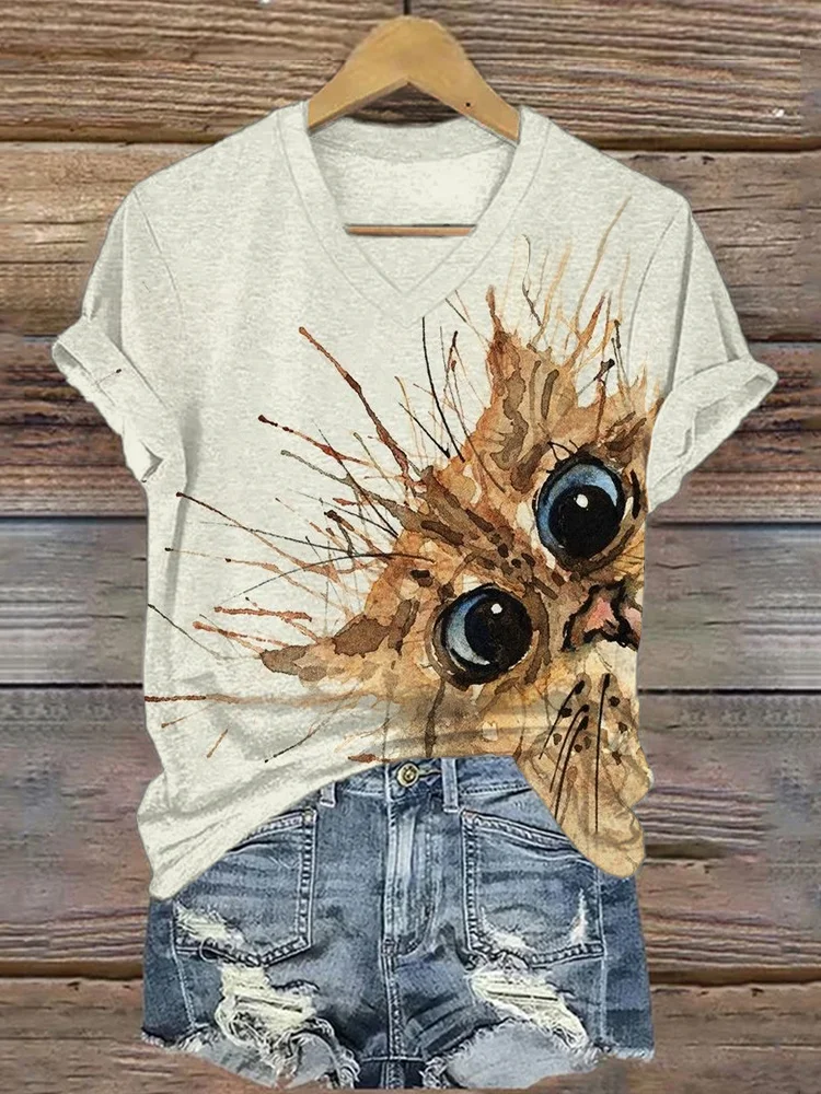 Fuzzy Cat Peeking Painting V Neck T Shirt