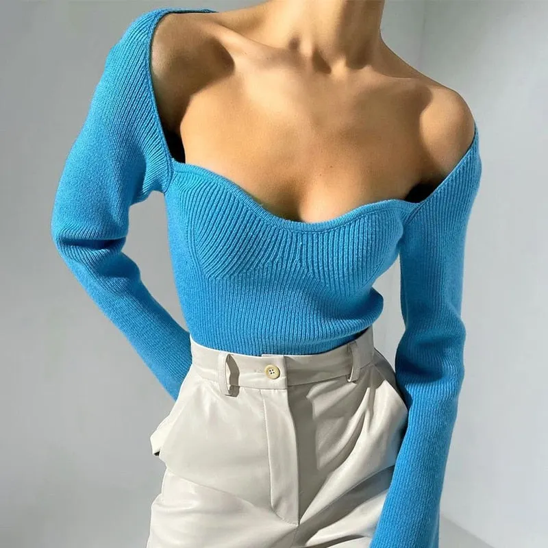 Tossy Long Sleeve Sweater 2021 Autumn Women Knit Ribbed Top Ladies Casual Knitted Tops Pullover Off-Shoulder Knitwear Black