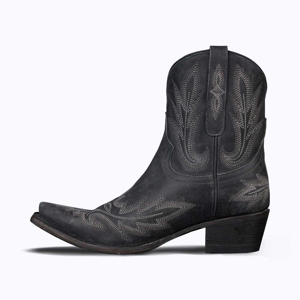Women's Snip Toe Flame Embroidered Western Ankle Boots in Black