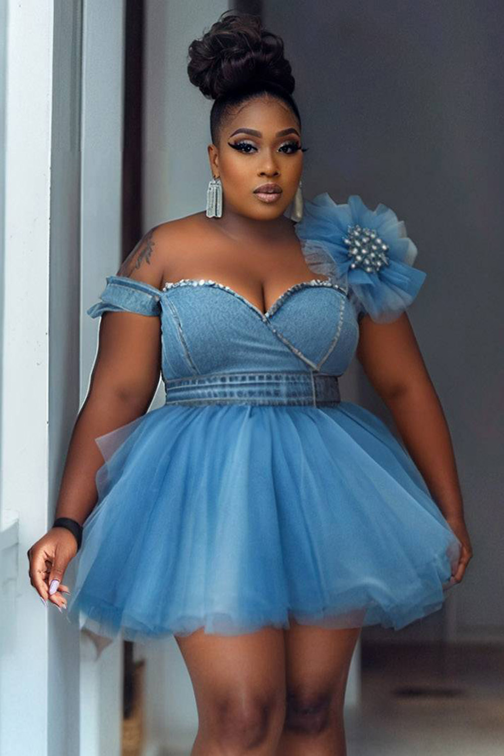 Xpluswear Design Plus Size Club Blue Casual One Shoulder Contrast 3D ...