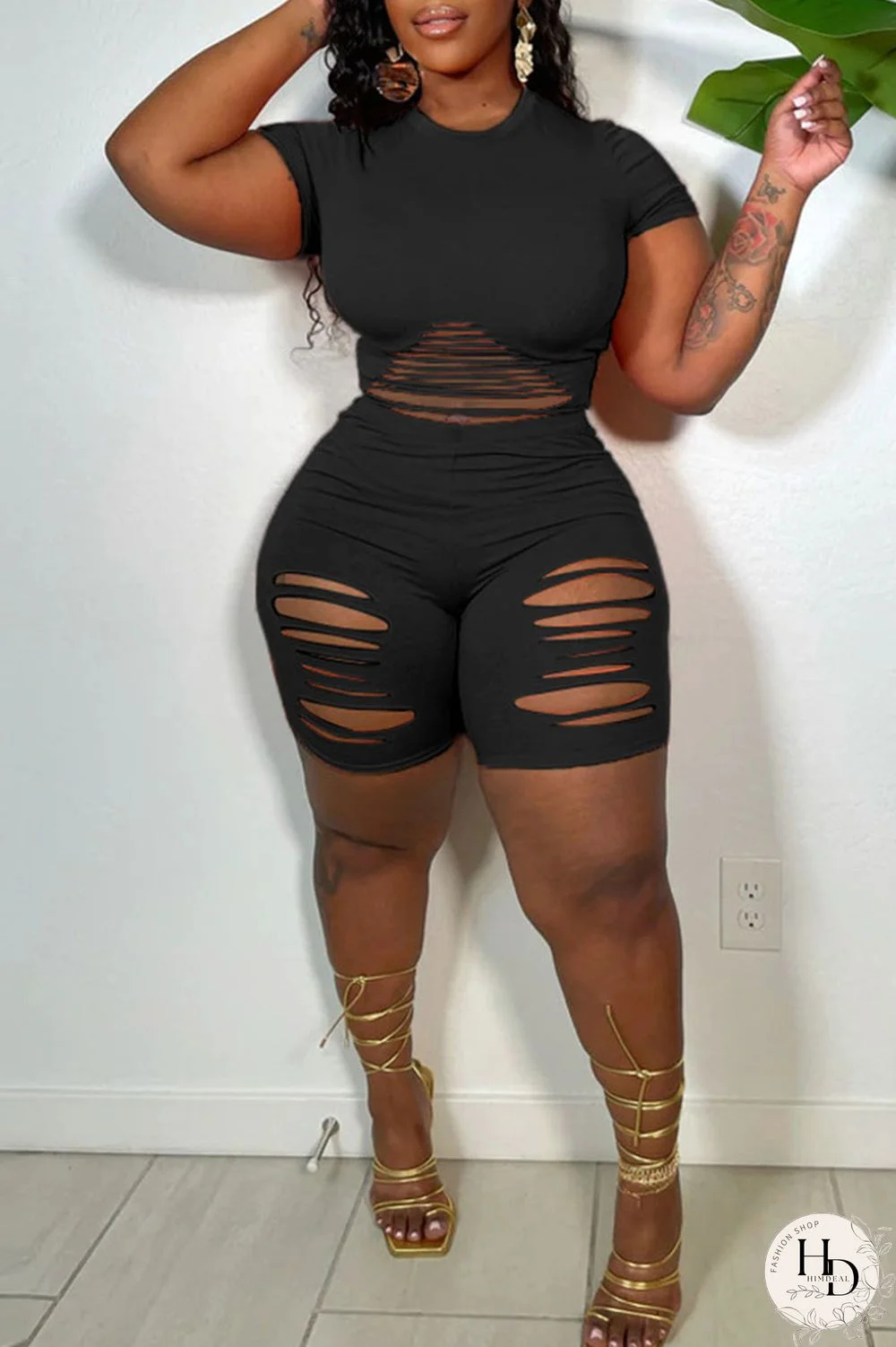 Black Sexy Solid Hollowed Out Split Joint O Neck Short Sleeve Two Pieces
