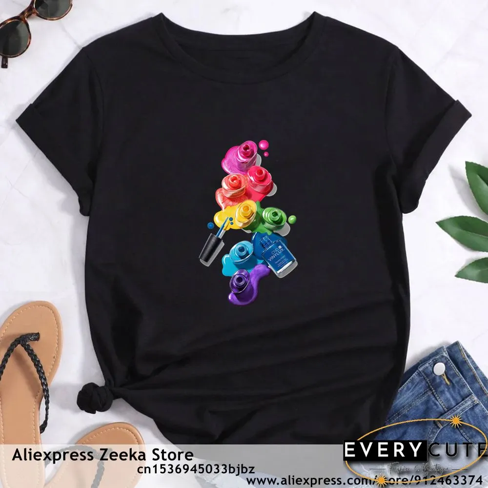 Womens Traveling Fun Print Tee-Shirt for Girls Y2K Harajuku Basics Collar White Shirt