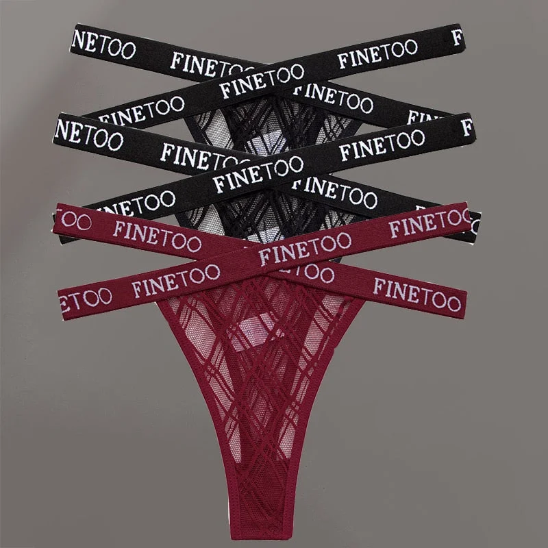 FINETOO 3PCS/Set Women's Letter Lace Mesh G-string Sexy Cross Strap Panties Midi Waist Underwear Thongs Femme Hollow Out Panties