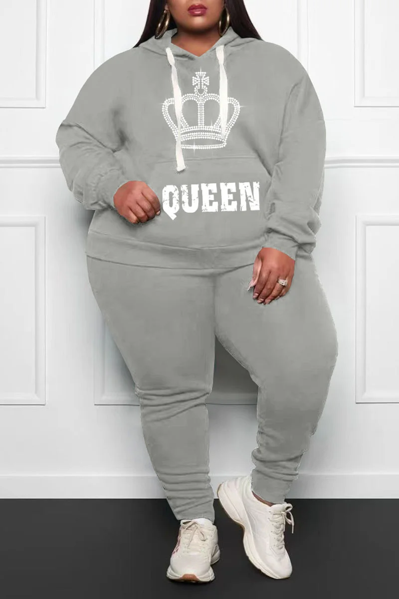 Grey Casual Print Patchwork Hooded Collar Plus Size Two Pieces | EGEMISS