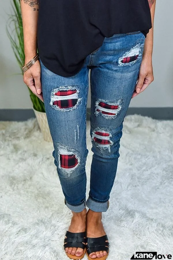 Patchwork Skinny Fit Regular Waist Jeans