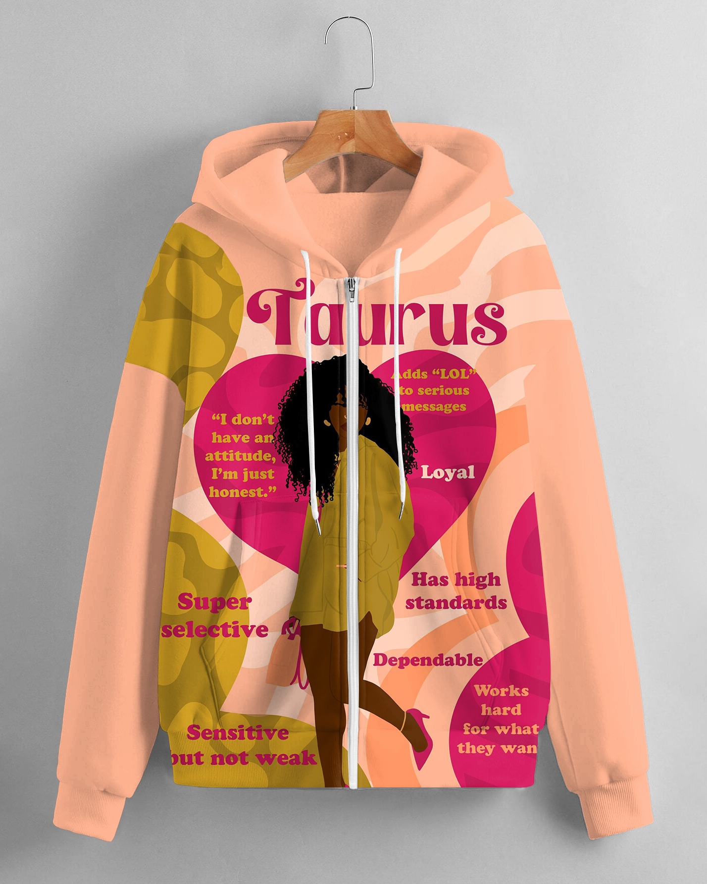 Women's Fashion Daily Black Taurus Women Print Long Sleeve Zipper Hoodie