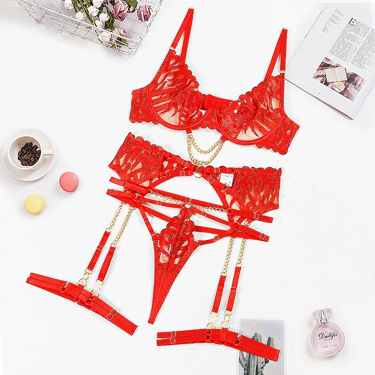 Flame Embroidered Chain Bra Set