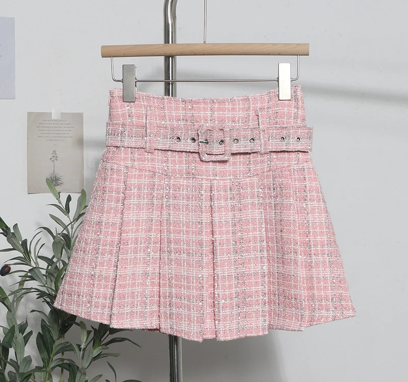 Uveng Real Shooting S-2XL With Belt Coarse Flowers, Composite Bright Lattice Skirt A Word Fluffy Bunk Skirt 1210