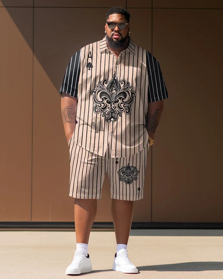 Men's Large Size Casual Striped Poker Retro Elegant Street Short Shirt Shorts Suit