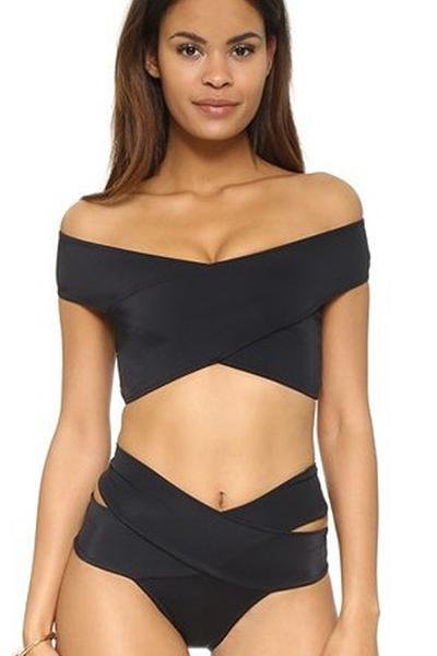 Black Off The Shoulder High Waisted Sexy Two Piece Swimsuit-elleschic