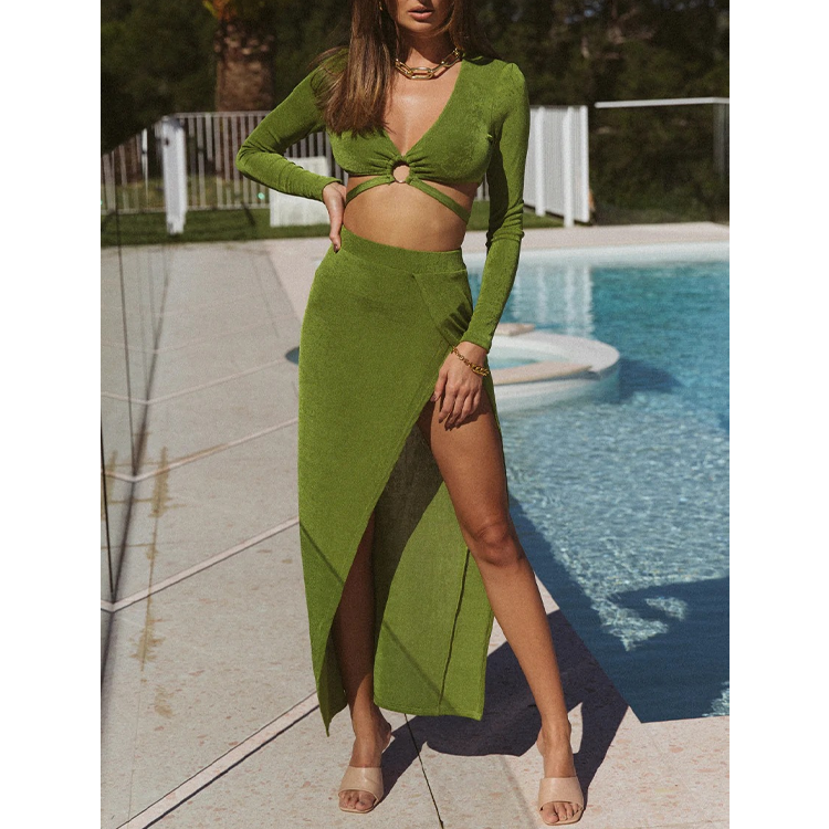 Shiny Texture Sexy Solid Color Two Piece Set
